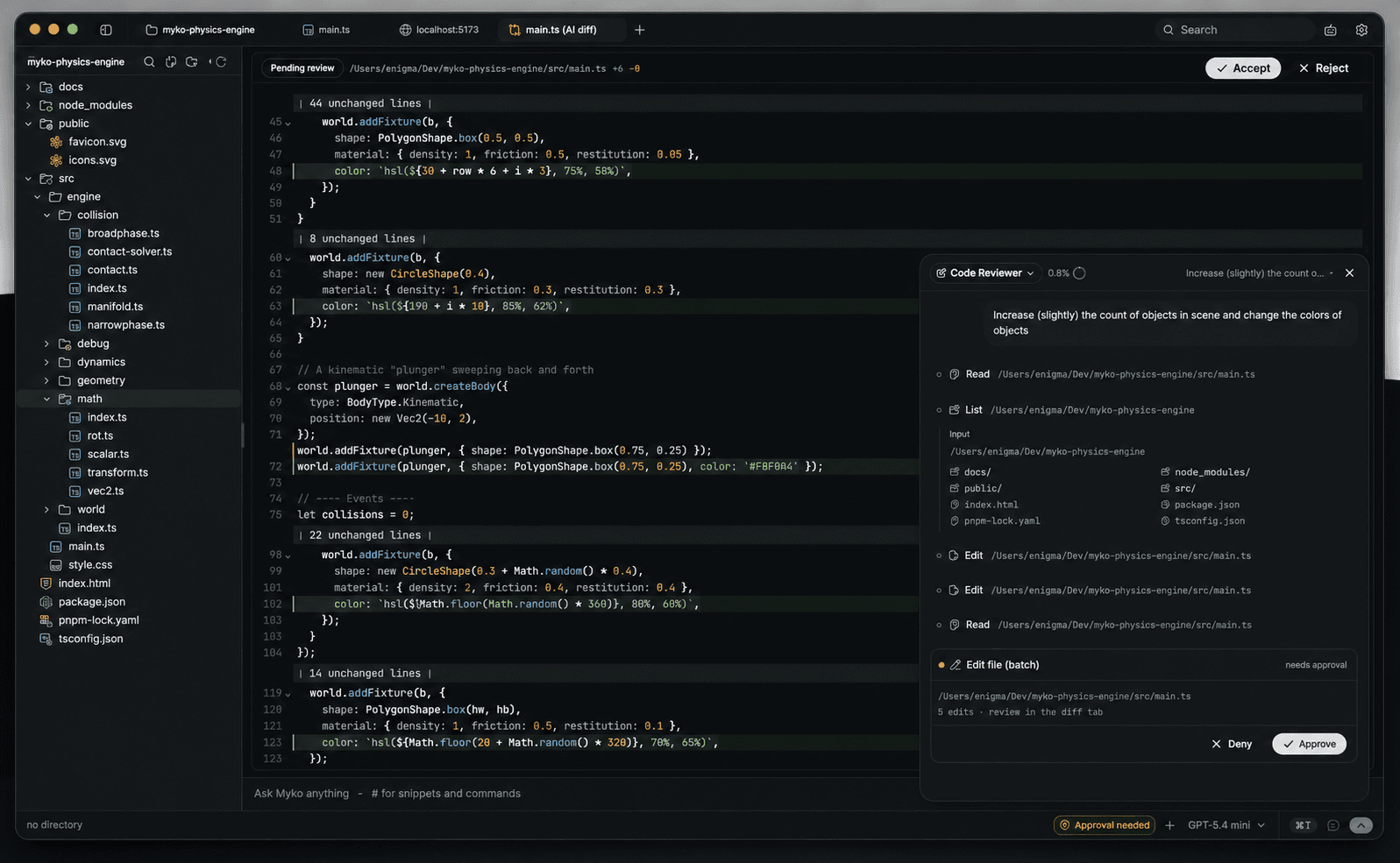 Myko AI agent workflow with edit diffs