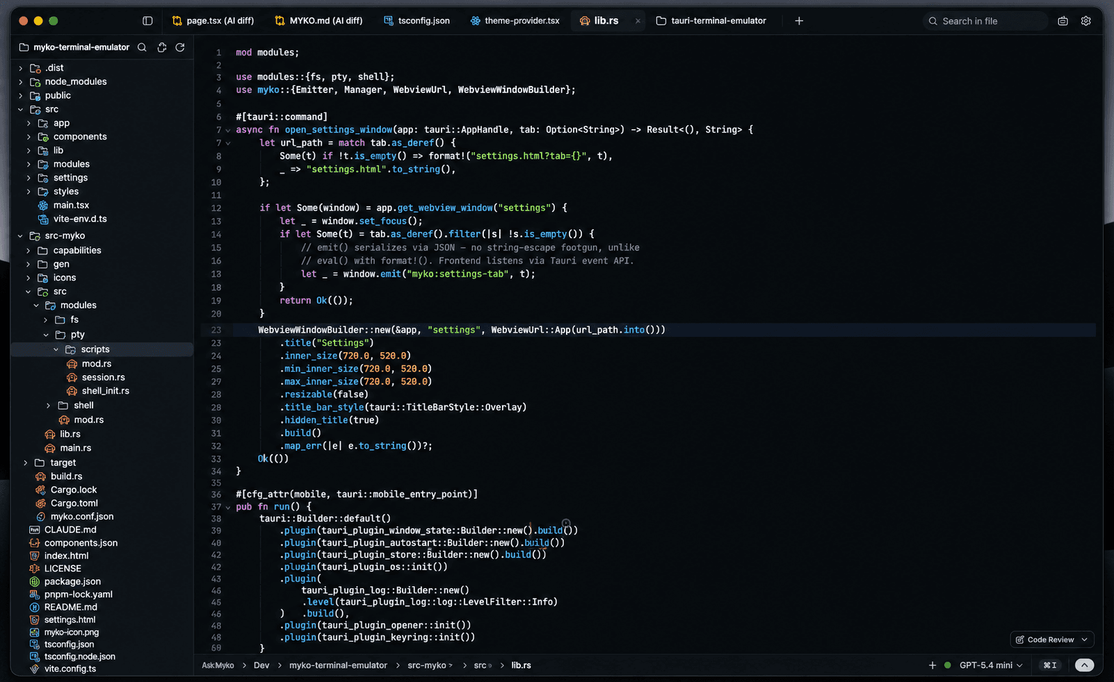 Myko code editor with tabs and a theme