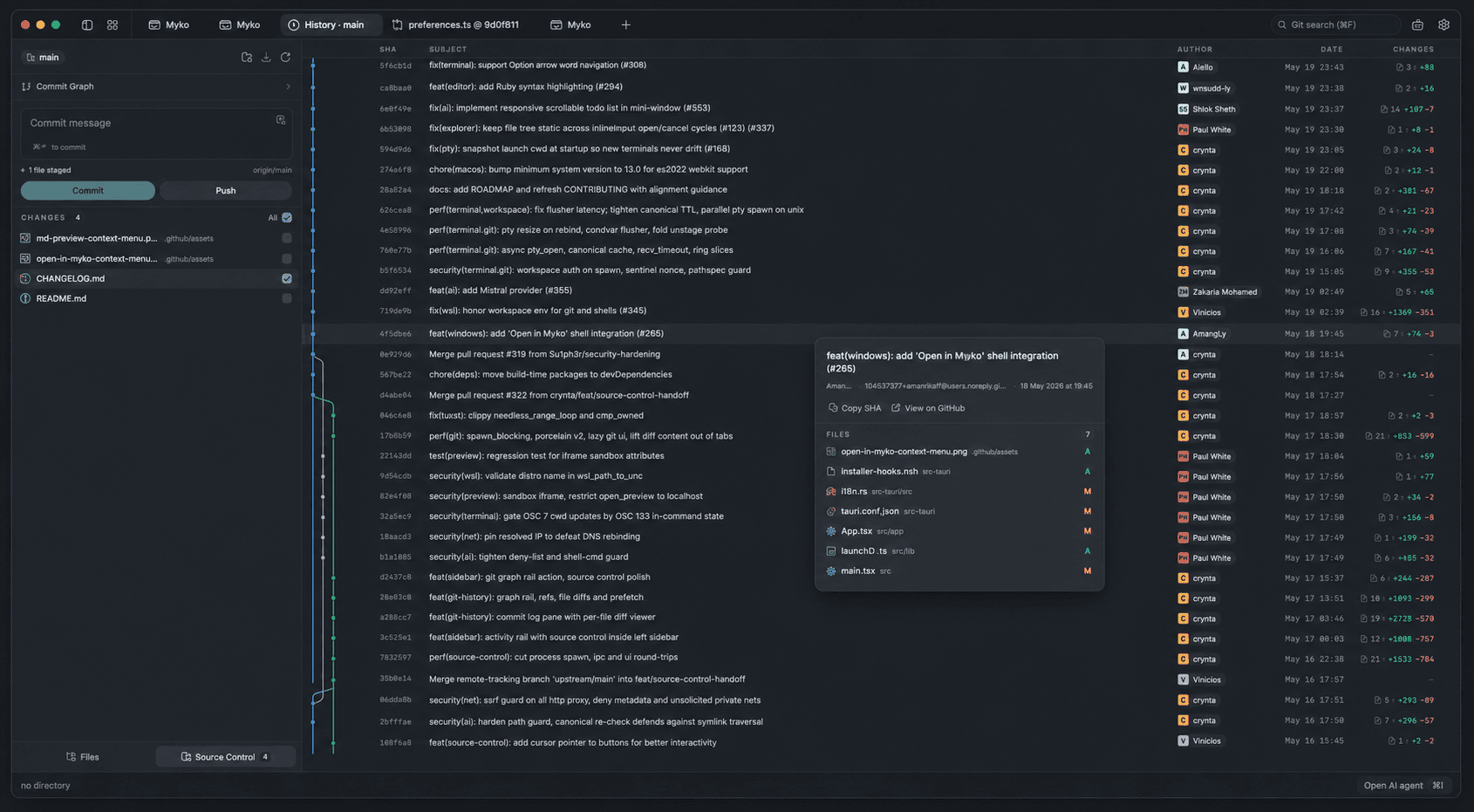 Myko source control panel with git graph