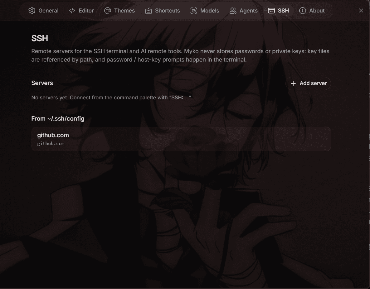 Myko Settings, SSH tab, listing servers imported from ~/.ssh/config