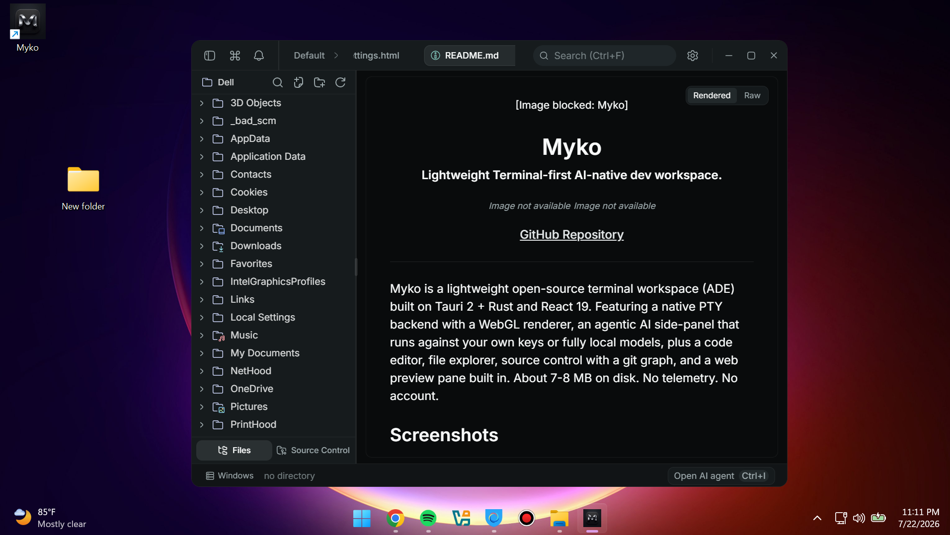 Myko AI terminal, editor, and AI agent panel side by side
