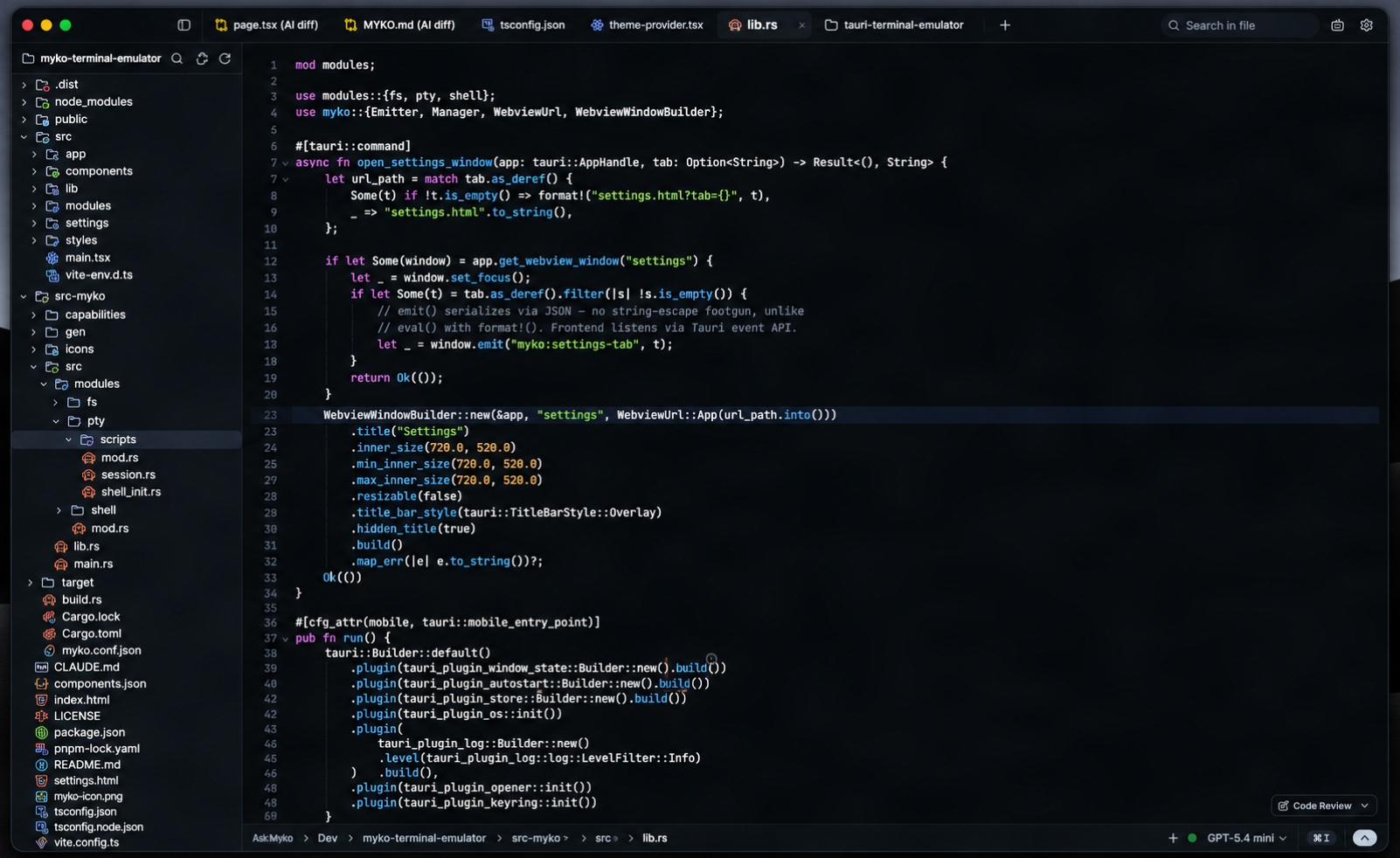 Myko AI code editor with Vim mode enabled