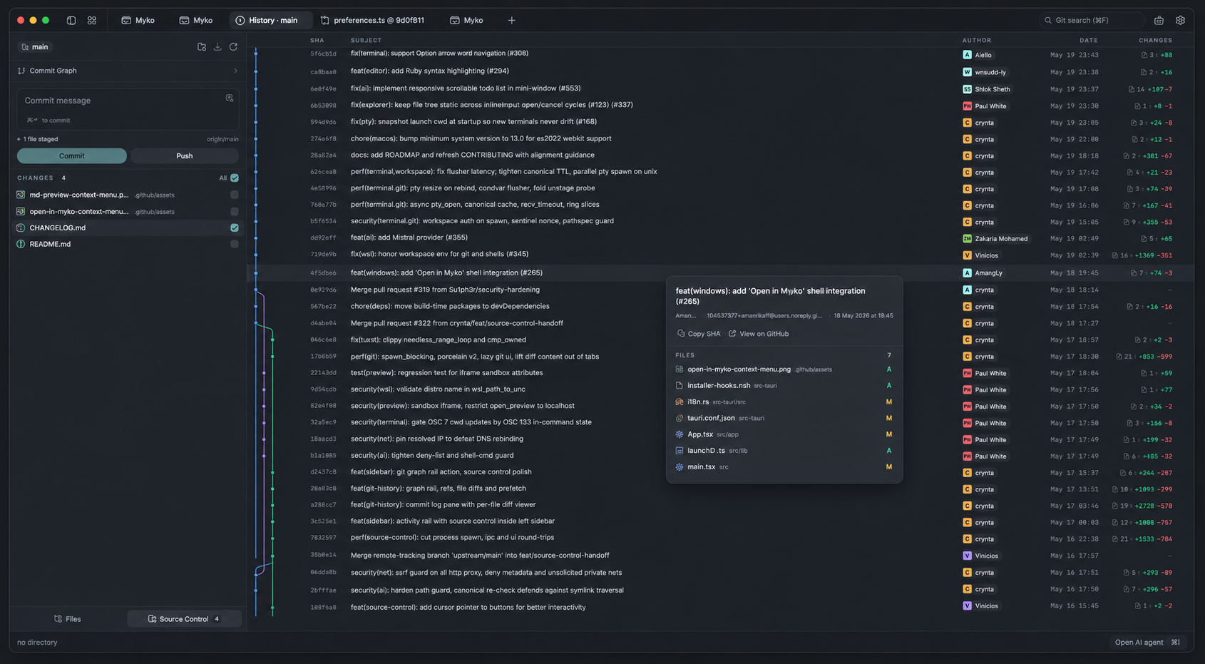 Myko AI git graph view