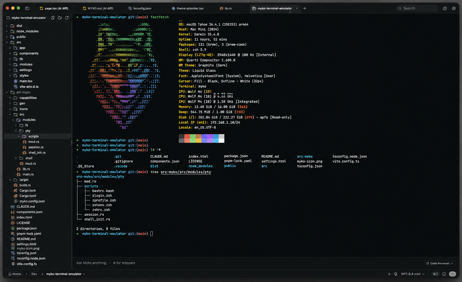 Myko AI terminal view with split panes