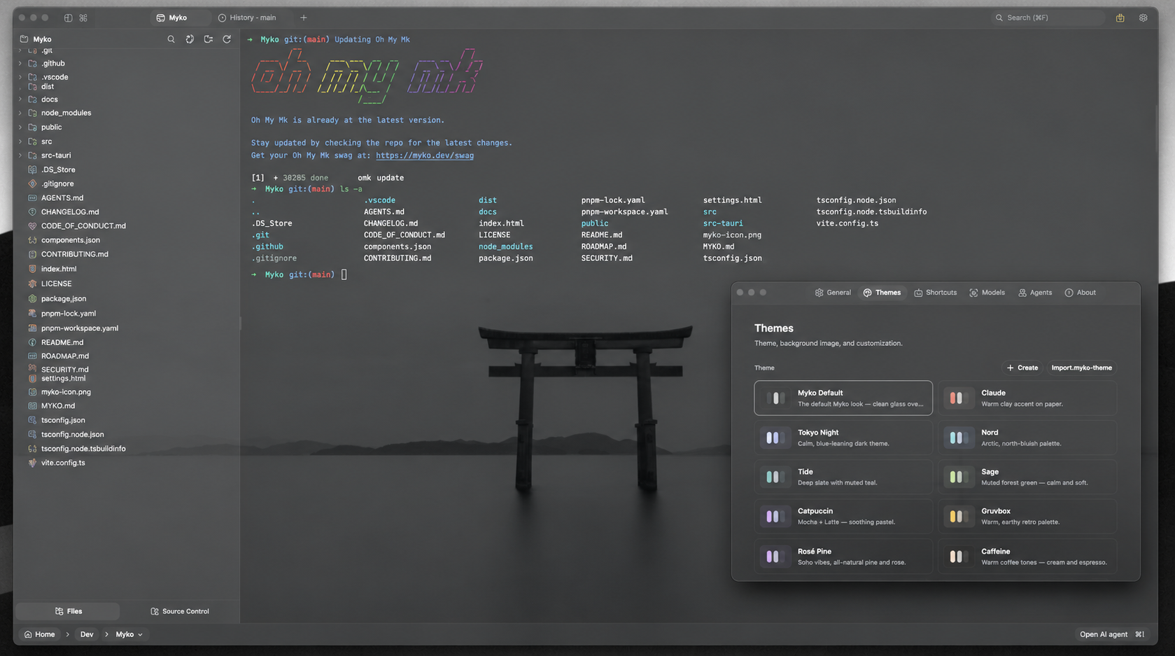 Myko AI theme customization panel